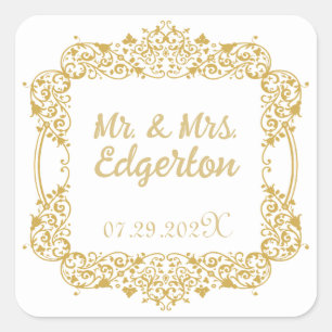 Pegatina Cuadrada Cuadrado Ornate Gold Frame Boda