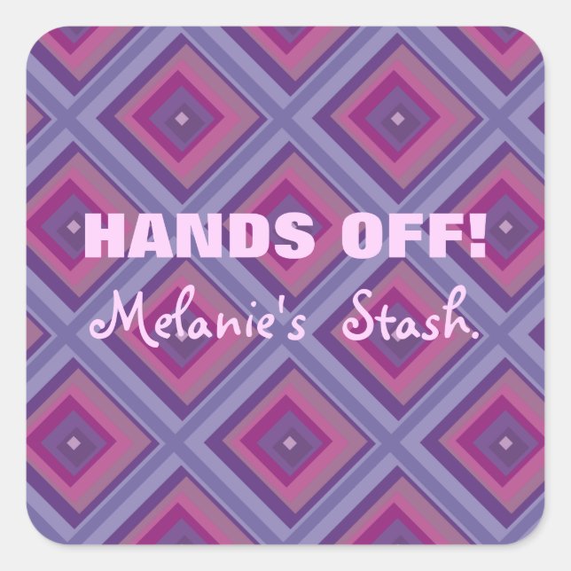 Pegatina Cuadrada Cuadrados de diamante rosado morado Nombre Manos f (Anverso)