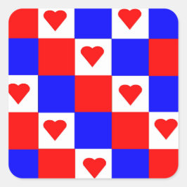 Pegatina Cuadrada Cuadrados rojo, blanco y azul con corazón rojo