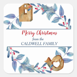 Pegatina Cuadrada Cuadrillada Wimsical Bird House Holiday Wreath