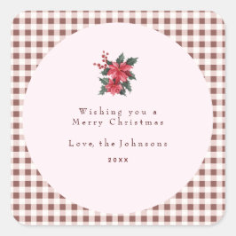 Pegatina Cuadrada Cuadrillé Verde de Gingham Navidad Personalizada