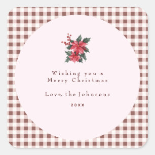 Pegatina Cuadrada Cuadrillé Verde de Gingham Navidad Personalizada