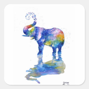 Pegatina Cuadrada Cuadros acuáticos de elefantes felices