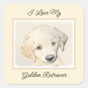 Pegatina Cuadrada Cuadros De Cachorro Dorado - Arte Original De Perr