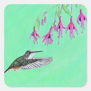 Pegatina Cuadrada Cuadros de colibrí y fucsia
