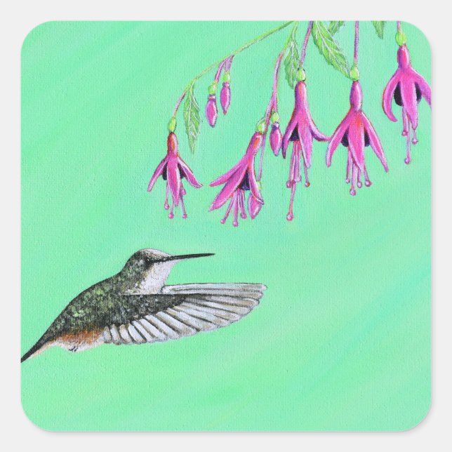 Pegatina Cuadrada Cuadros de colibrí y fucsia (Anverso)
