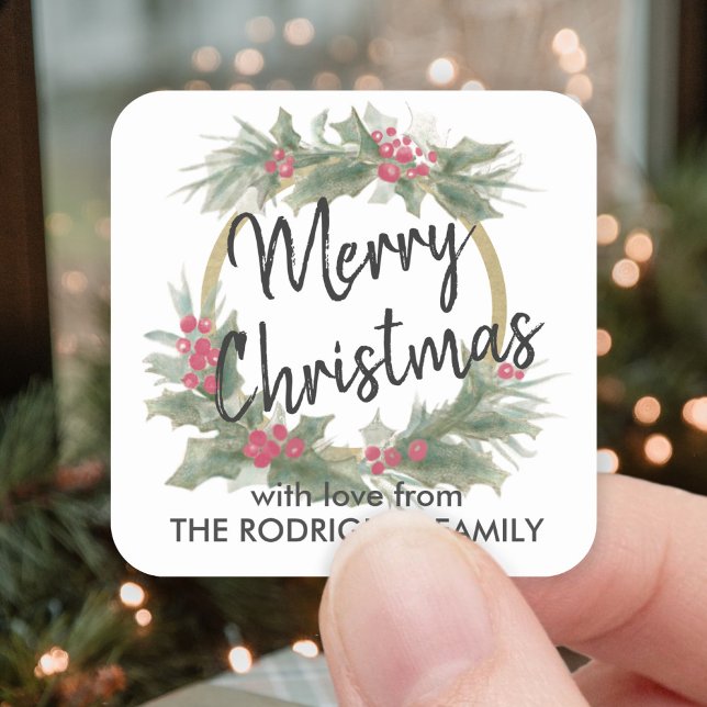 Pegatina Cuadrada Cualquier acuarela de texto Holly Wreath Elegantes (Subido por el creador)