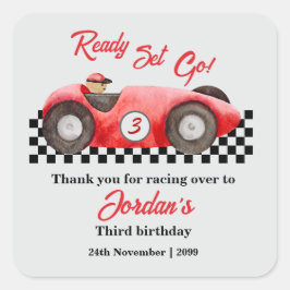 Pegatina Cuadrada Cualquier Edad Cumpleaños Red Race Car Ready Go