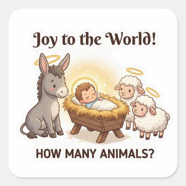 Pegatina Cuadrada ¿Cuántos Animales? – Natividad Navideña Adorable (Anverso)