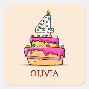 Pegatina Cuadrada Cuarto cumpleaños chica, cuatro en pastelito rosa