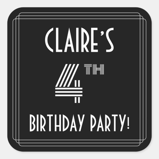 Pegatina Cuadrada Cuarto Fiesta de cumpleaños: Estilo Art Deco y nom (Anverso)