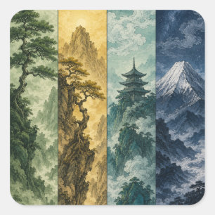 Pegatina Cuadrada Cuatro Estaciones Montaña Paisaje de Tinta Japon