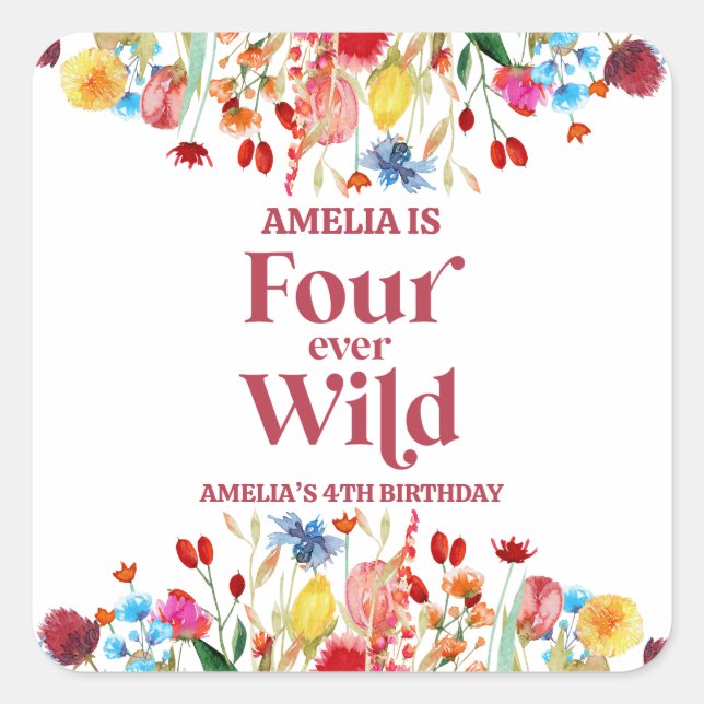 Pegatina Cuadrada Cuatro Fiestas de cumpleaños de Wildflower salvaje (Anverso)