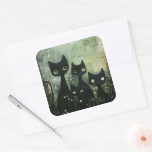 Pegatina Cuadrada Cuatro gatos negros con margaritas sobre gris mezc
