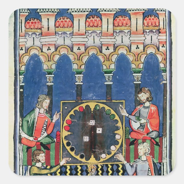 Pegatina Cuadrada Cuatro jugadores árabes de Backgammon (Anverso)