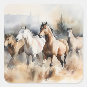 Pegatina Cuadrada “Cuatro Mustangs Salvajes” Acuarela Occidental Pol