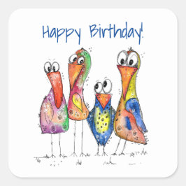 Pegatina Cuadrada Cuatro pájaros alegres y coloridos