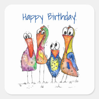 Pegatina Cuadrada Cuatro pájaros alegres y coloridos