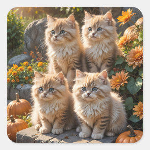 Pegatina Cuadrada Cuatro sabrosos y esponjosos gatitos otoñales con 