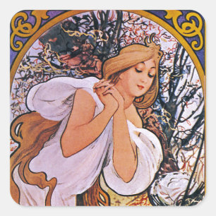Pegatina Cuadrada Cuatro temporadas de Alfons Mucha Art Deco Nouveau