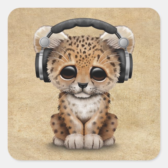 Pegatina Cuadrada Cub De Leopardo Cubo Dj Con Auriculares (Anverso)