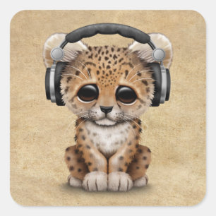 Pegatina Cuadrada Cub De Leopardo Cubo Dj Con Auriculares