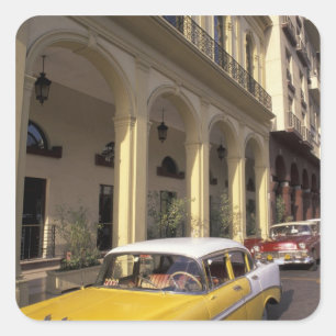 Pegatina Cuadrada Cuba, La Habana. Chevys coloridos de la década de 