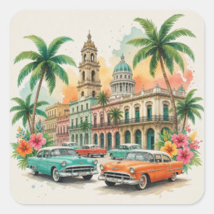 Pegatina Cuadrada Cuba Vintage Viajes - Saludos Desde La Habana