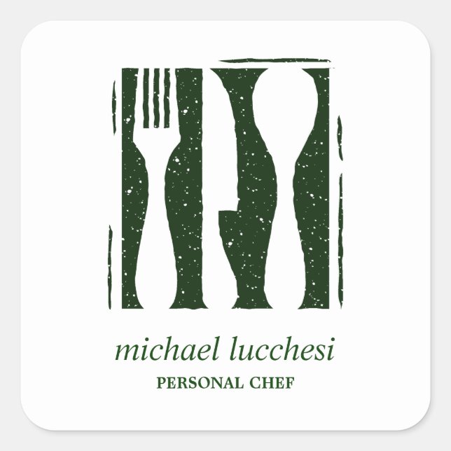 Pegatina Cuadrada Cubertería verde | Restaurante Chef Catery Bakery (Anverso)
