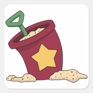 Pegatina Cuadrada Cubeta de arena roja con estrella y pala