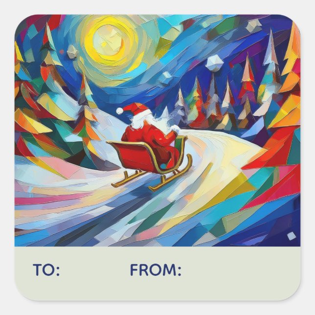 Pegatina Cuadrada Cubism Santa Christmas Holiday To From (Anverso)