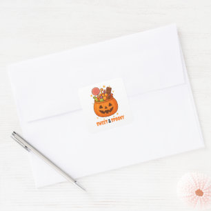 Pegatina Cuadrada Cubo de calabaza lleno de dulces - conjunto de eti