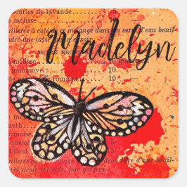 Pegatina Cuadrada Cubo mariposa acuarela Vintage Boho Añadir nombre