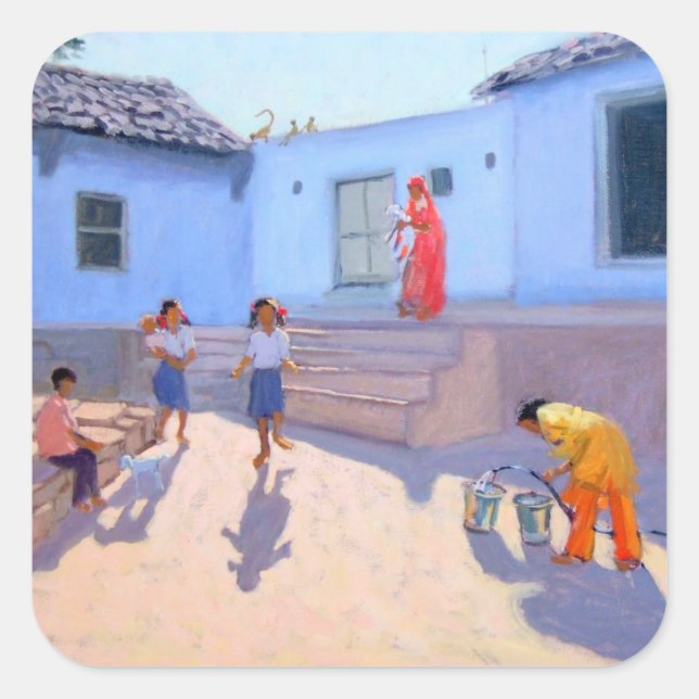 Pegatina Cuadrada Cubos de agua llenos Rajasthan India (Anverso)