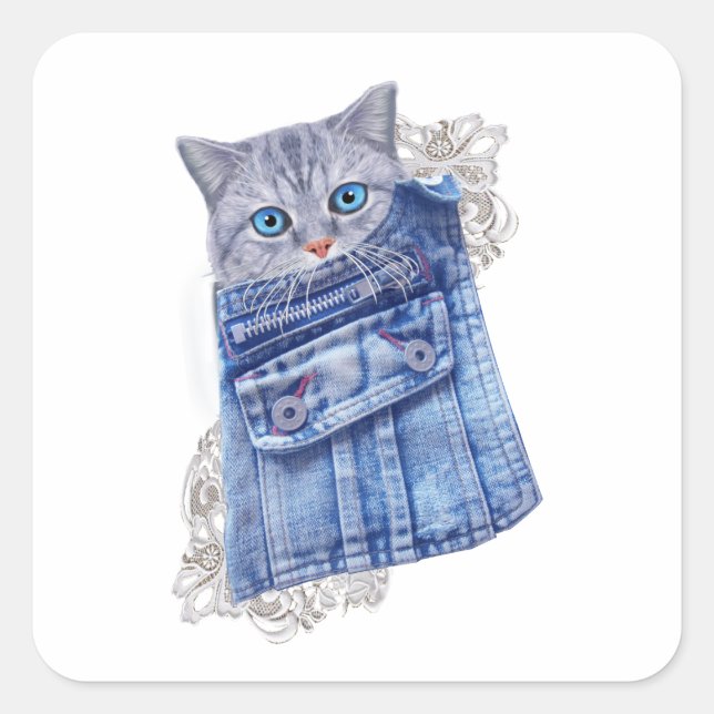Pegatina Cuadrada Cubos de Denim Jean, gatitos y encaje (Anverso)