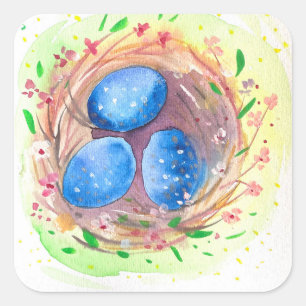 Pegatina Cuadrada Cubos de Pascua acuarelas huevos blues