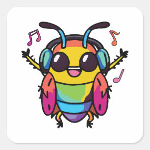 Pegatina Cuadrada Cucaracha feliz con auriculares escuchando música