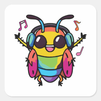 Pegatina Cuadrada Cucaracha feliz con auriculares escuchando música