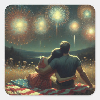 Pegatina Cuadrada Cuchillo de parejas bajo fuegos artificiales del 4