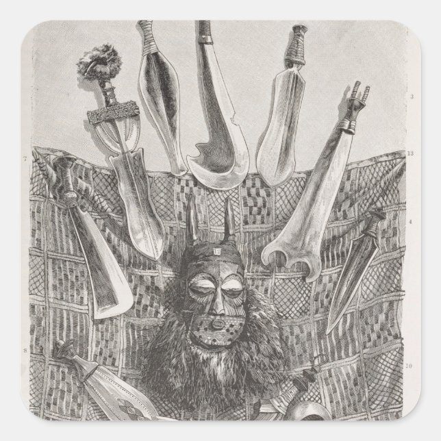 Pegatina Cuadrada Cuchillos, máscaras y esteras del Alto Congo (Anverso)