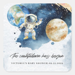 Pegatina Cuadrada Cuenta atrás de planetas espaciales Baby Shower