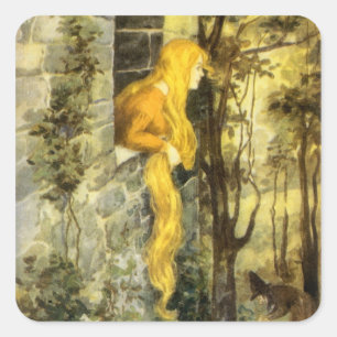 Pegatina Cuadrada Cuento de Hadas Antiguo, Rapunzel con Cabello Rubi