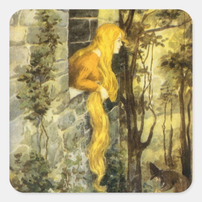 Pegatina Cuadrada Cuento de Hadas Antiguo, Rapunzel con Cabello Rubi (Anverso)