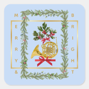 Pegatina Cuadrada Cuerno francés elegante de Navidad azul claro