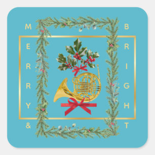 Pegatina Cuadrada Cuerno francés elegante de Navidad turquesa