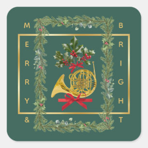 Pegatina Cuadrada Cuerno Francés Elegante Navidad Verde Oscuro