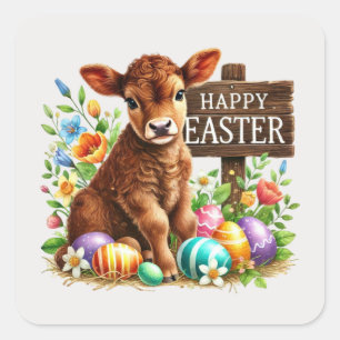 Pegatina Cuadrada Cuesta feliz vaca de Pascua