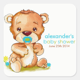 Pegatina Cuadrada Cuidada acuarela Baby Bear Boy Baby Shower
