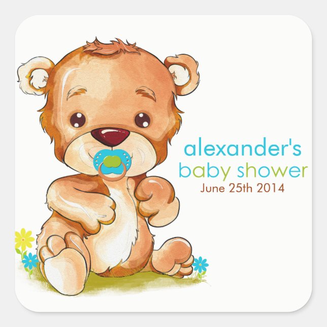 Pegatina Cuadrada Cuidada acuarela Baby Bear Boy Baby Shower (Anverso)