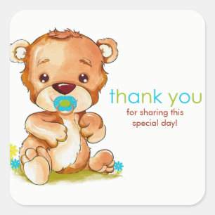 Pegatina Cuadrada Cuidada acuarela Bear Boy Gracias